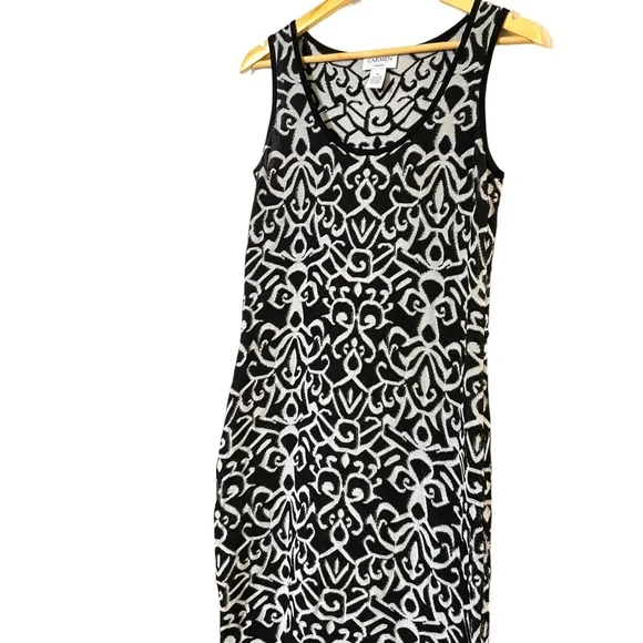 Carmen Marc Valvo Knit Dress Black + Ivory Body-con Jacquard/Damask Prin… - Picture 3 of 13